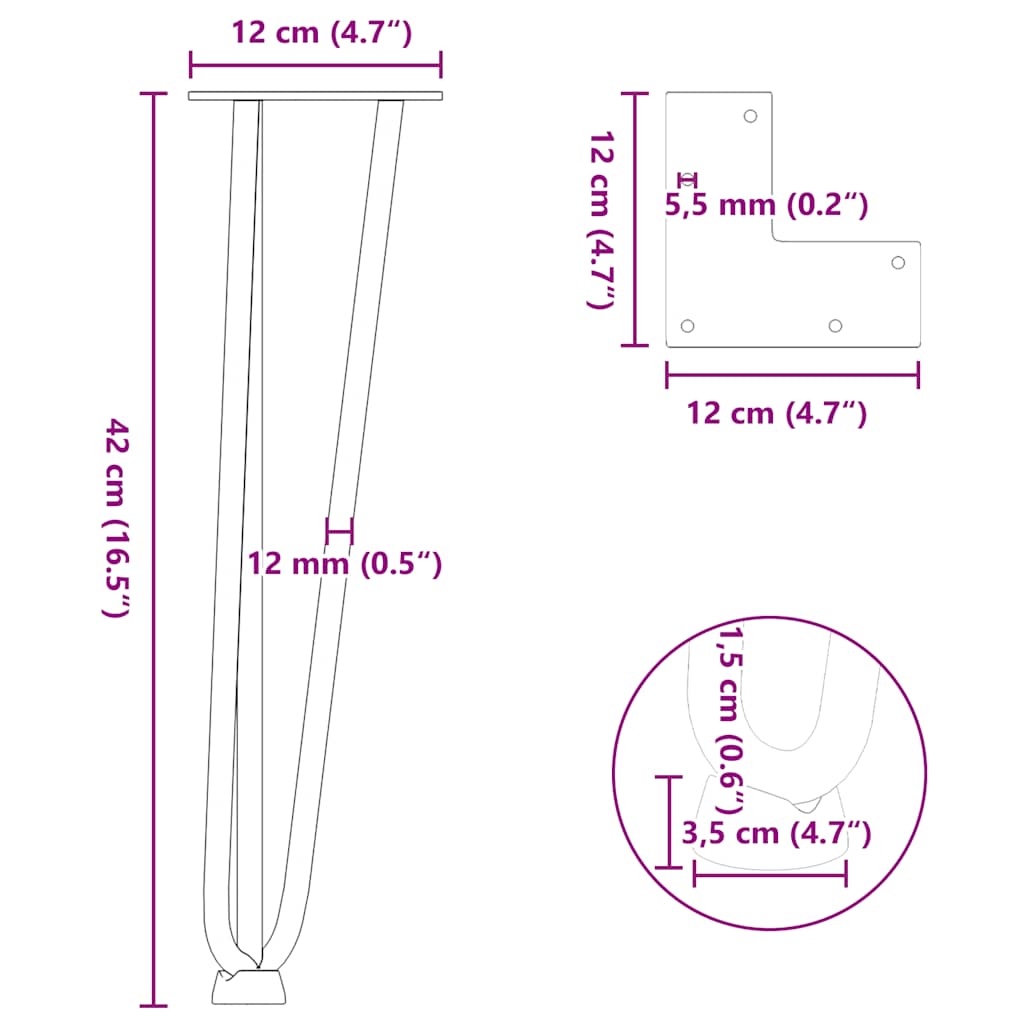 hårnåleben til sofabord 4 stk. sort 42 cm massivt stål