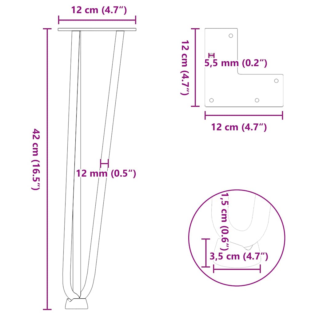 hårnåleben til sofabord 4 stk. hvid 42 cm massivt stål