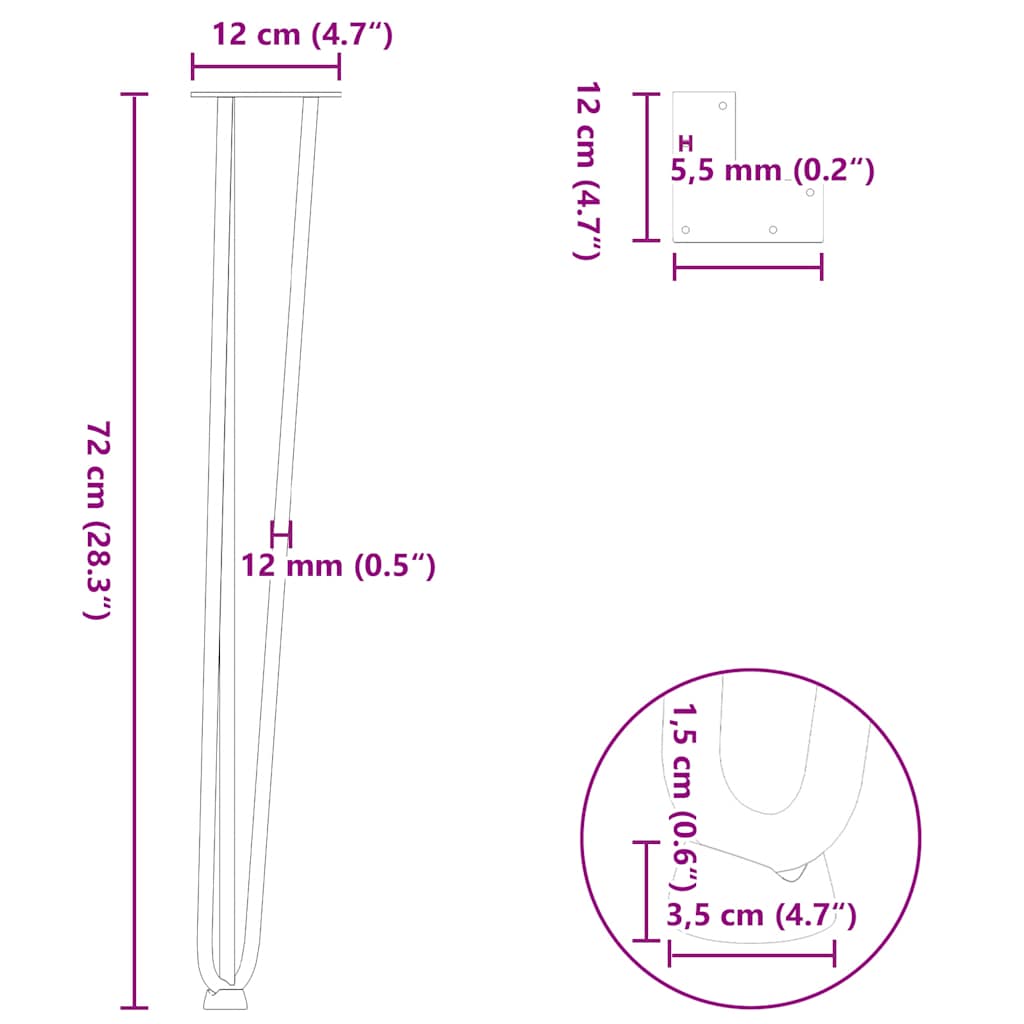 hårnåleben til konsolborde 4 stk. sort 72 cm massivt stål