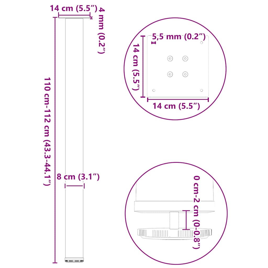 barbordsben 4 stk. antracit 110-112 cm stål