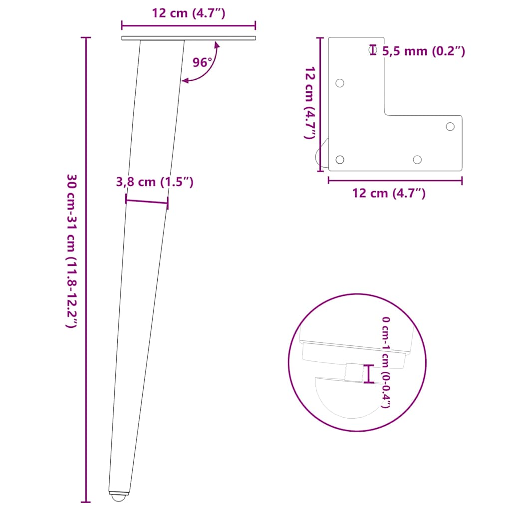 sofabordben konisk form 4 stk. sort 30-31 cm stål