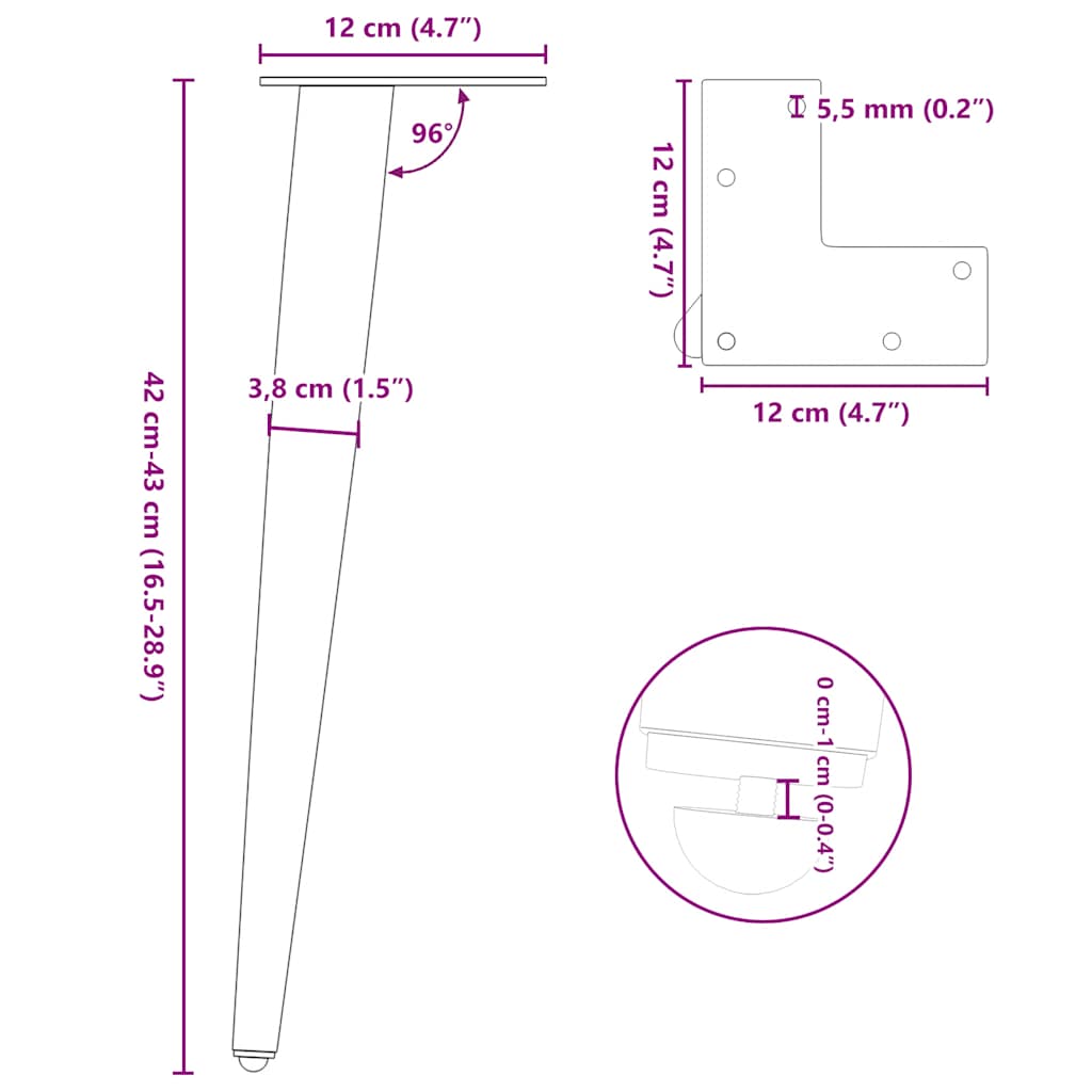 sofabordben konisk form 4 stk. sort 42-43 cm stål