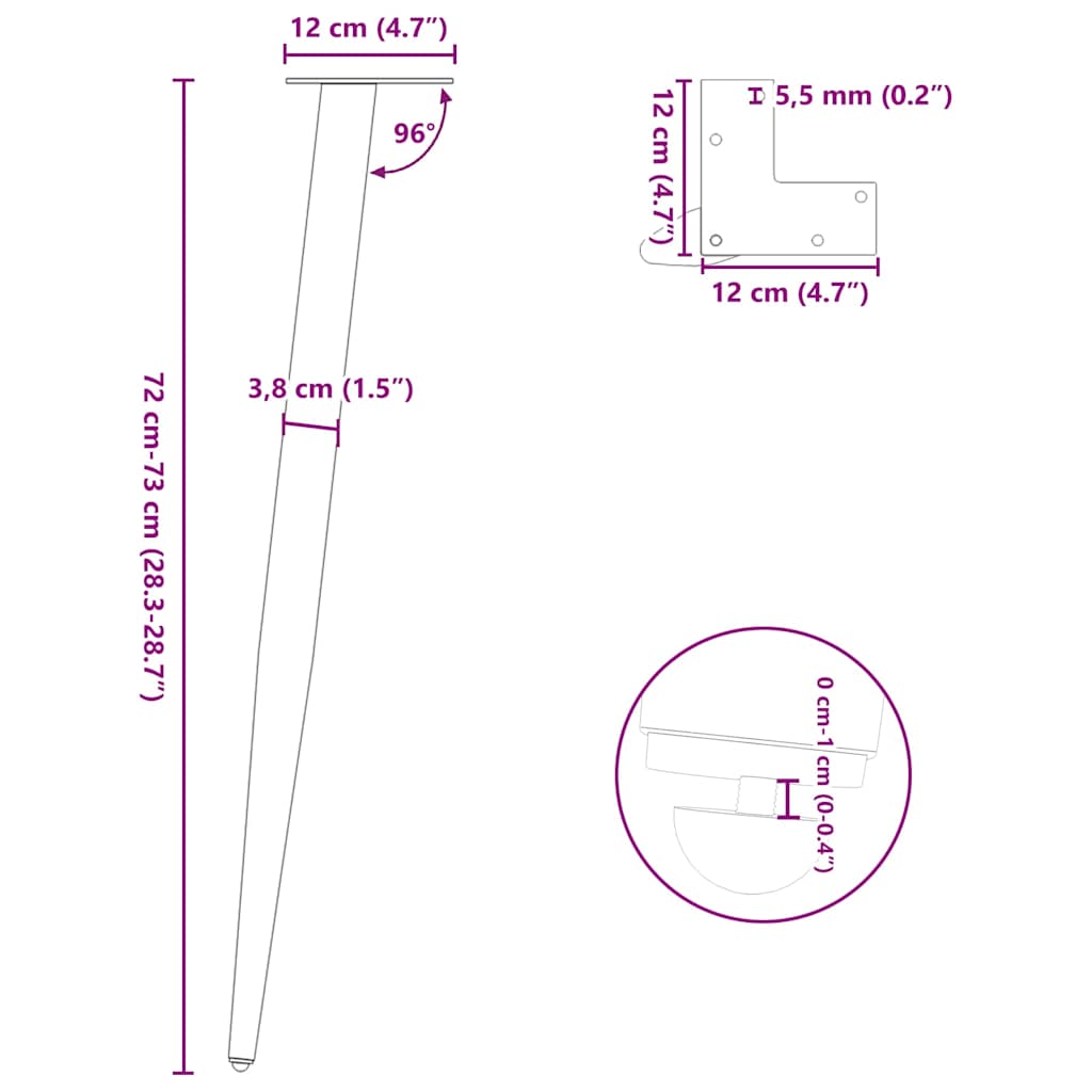 konsolbordben konisk form 4 stk. sort 72-73 cm stål