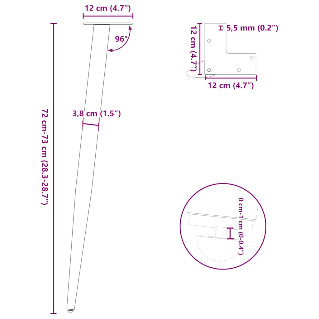 konsolbordben konisk form 4 stk. hvid 72-73 cm stål