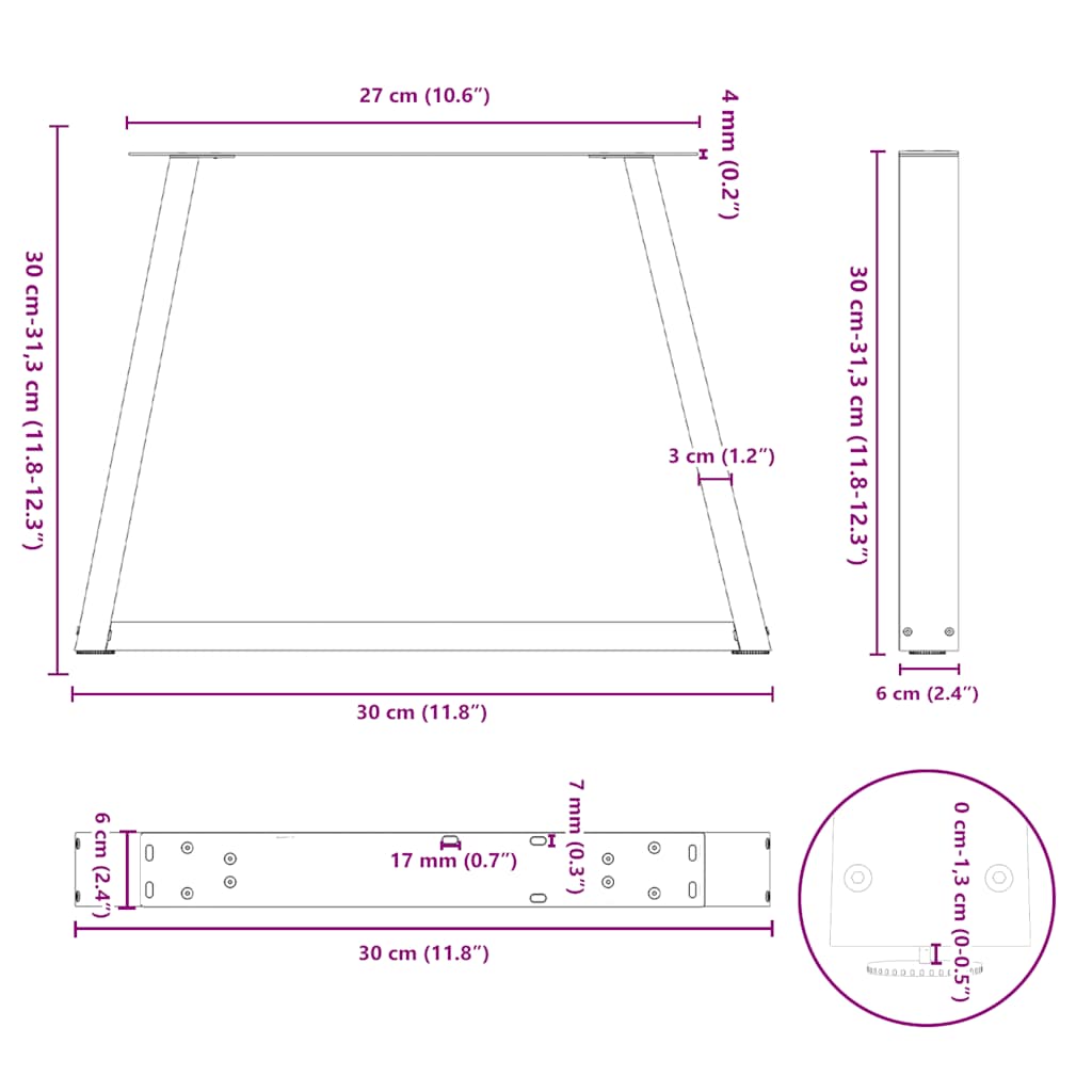 sofabordsben V-formet 2 stk. hvid 30x(30-31,3) cm stål