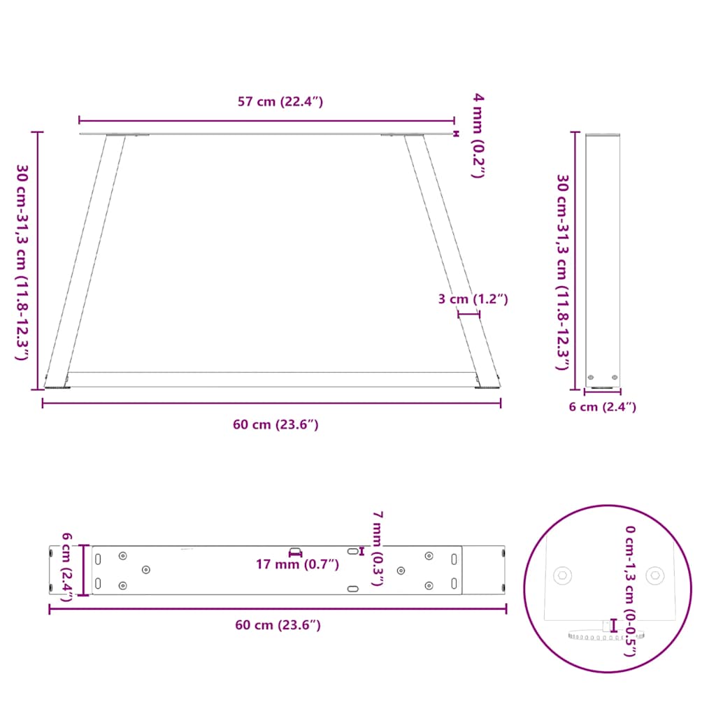 sofabordsben V-formet 2 stk. hvid 60 x (30-31,3) cm stål