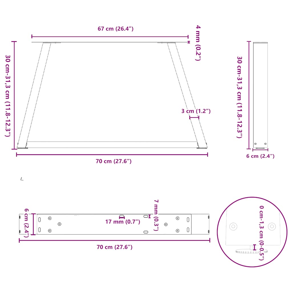 sofabordsben V-formet 2 stk. hvid 70 x (30-31,3) cm stål