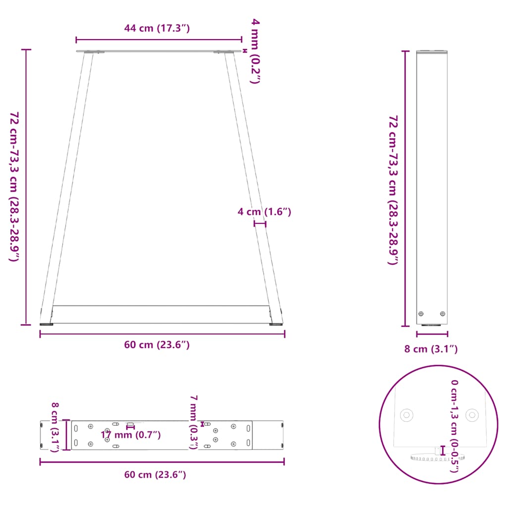 spisebordsben V-formet 2 stk. sort 60 x (72-73,3) cm stål