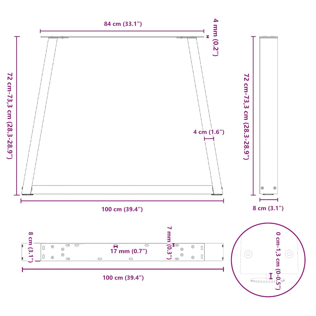 spisebordsben V-formet 3 stk. sort 100x(72-73,3) cm stål