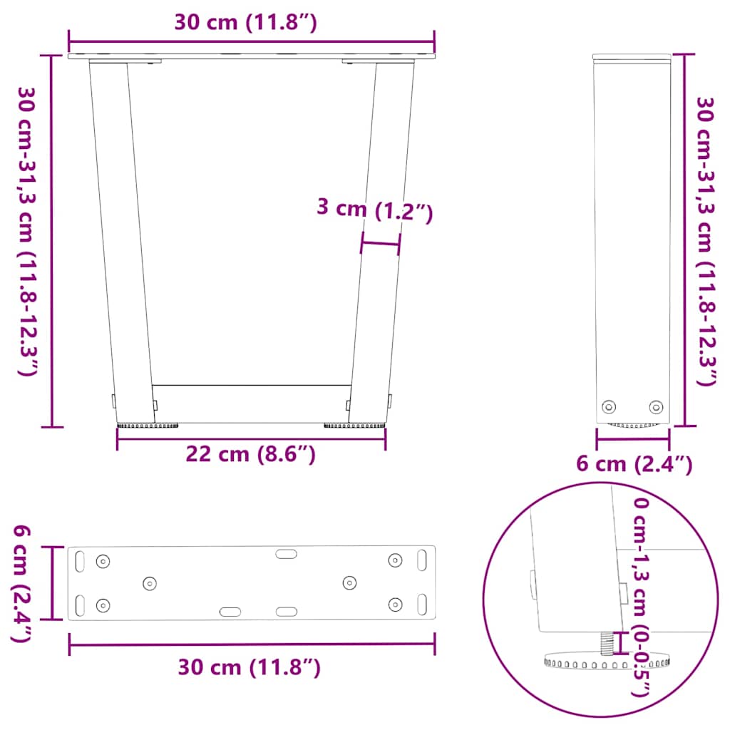 sofabordsben V-formet 2 stk. sort 30x(30-31,3) cm stål