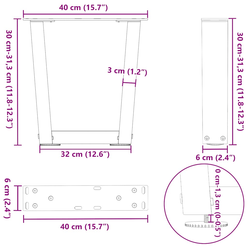 sofabordben V-formet 2 stk. sort 40x(30-31,3) cm stål