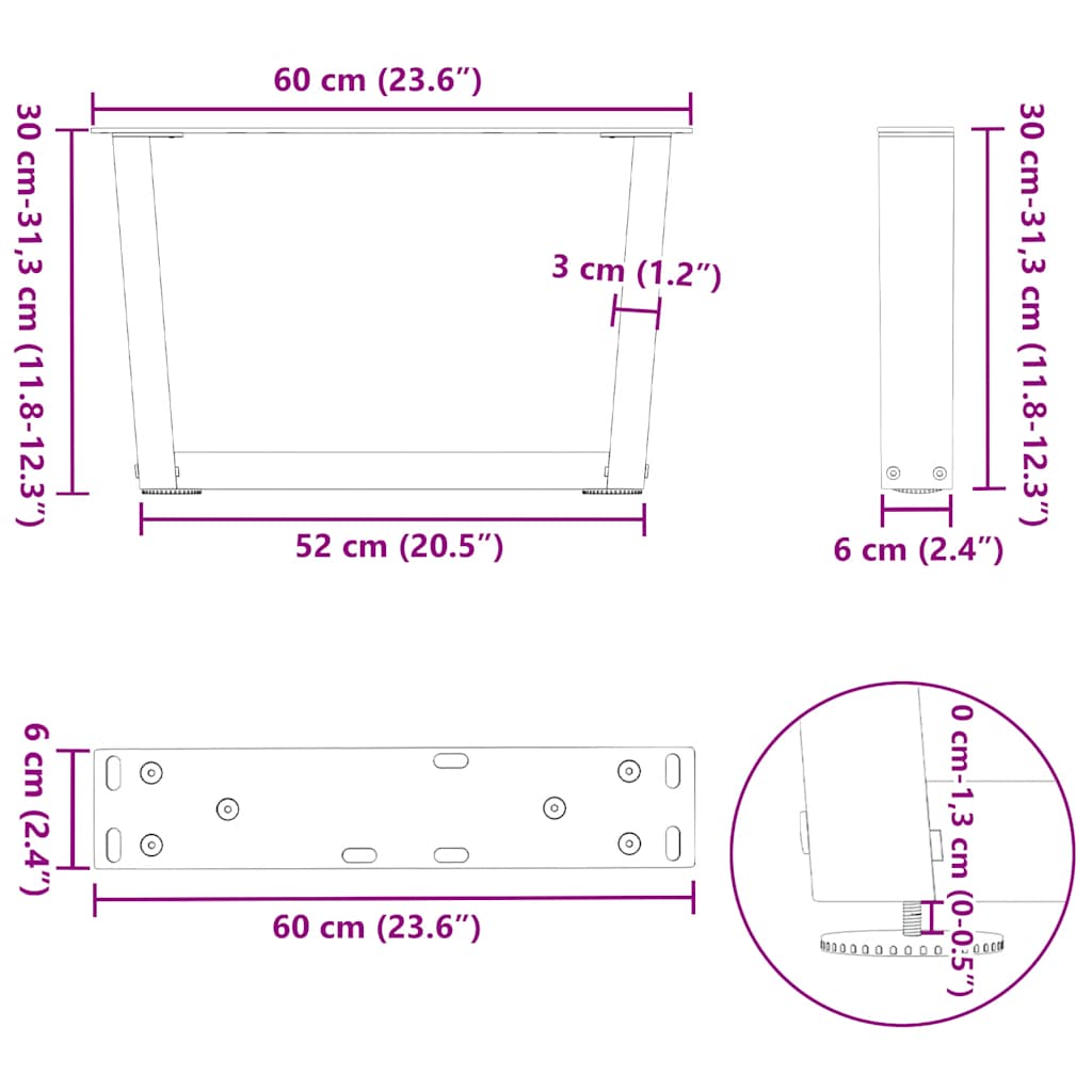 sofabordsben V-formet 2 stk. antracit 60x(30-31,3) cm stål