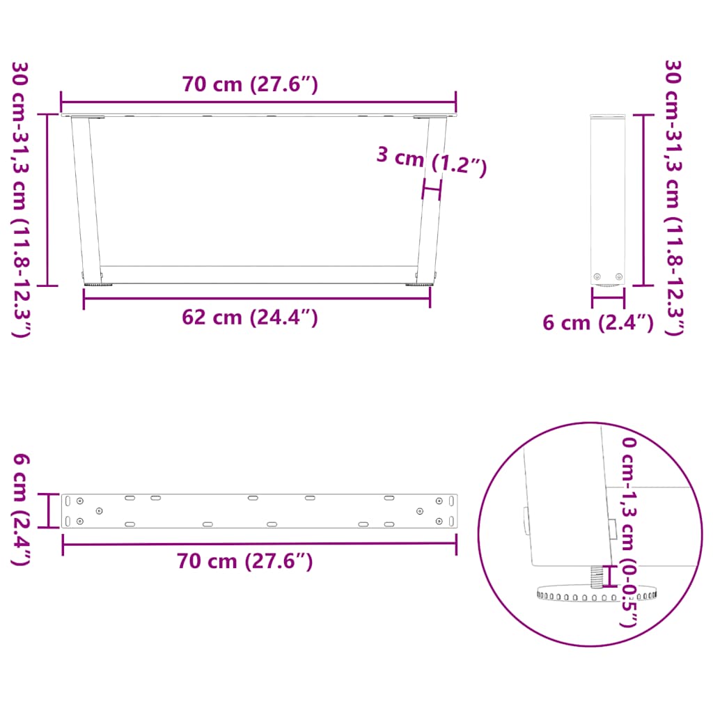 sofabordsben V-formet 2 stk. naturstål 70x(30-31,3) cm stål
