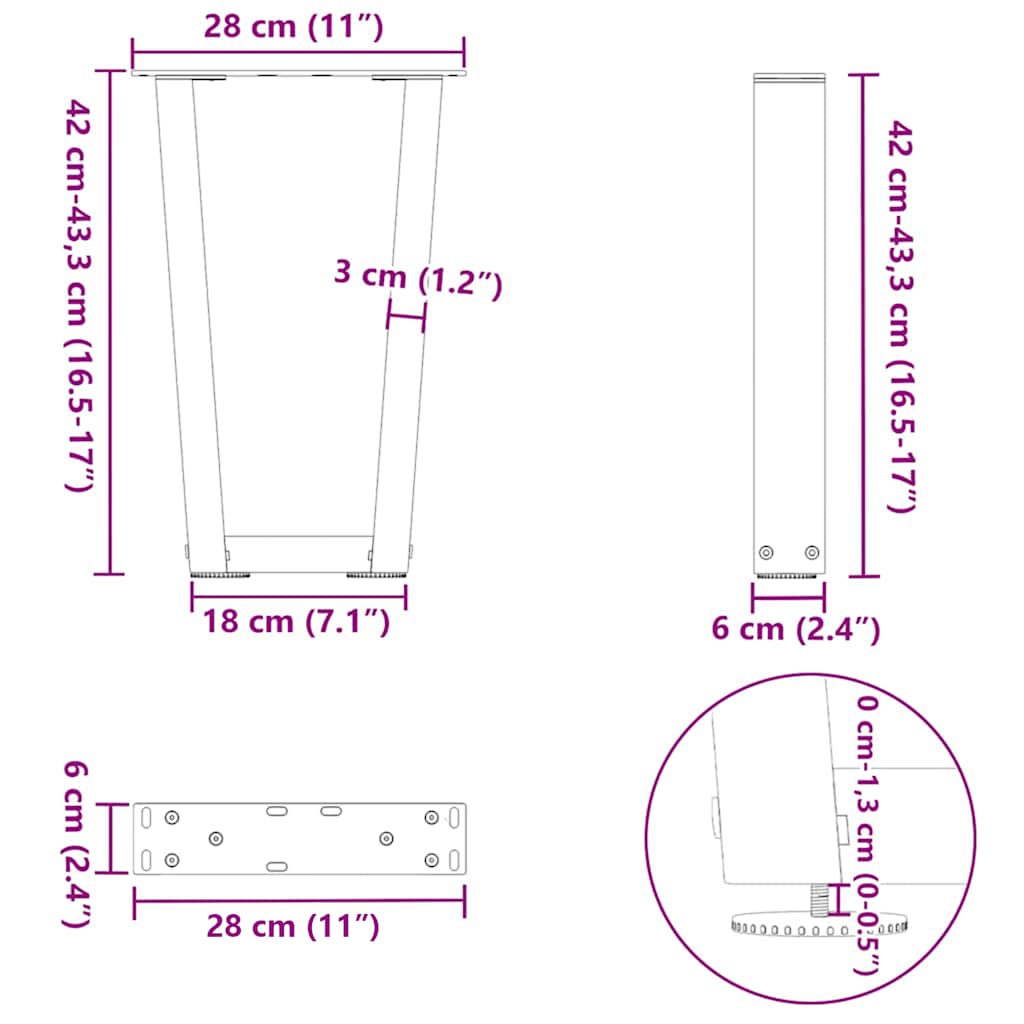 sofabordsben V-formet 2 stk. hvid 28 x (42-43,3) cm stål