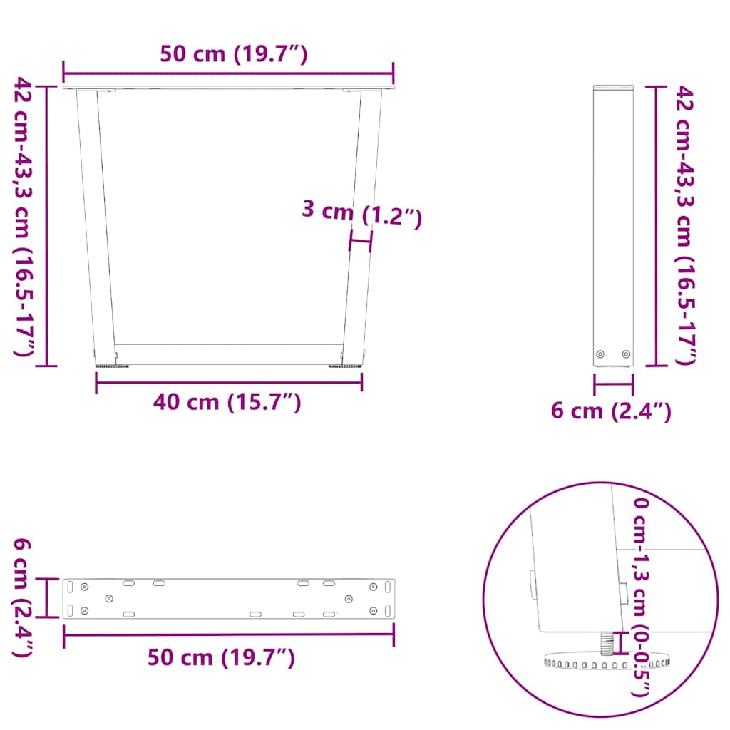 sofabordben V-formet 2 stk. sort 50x(42-43,3) cm stål