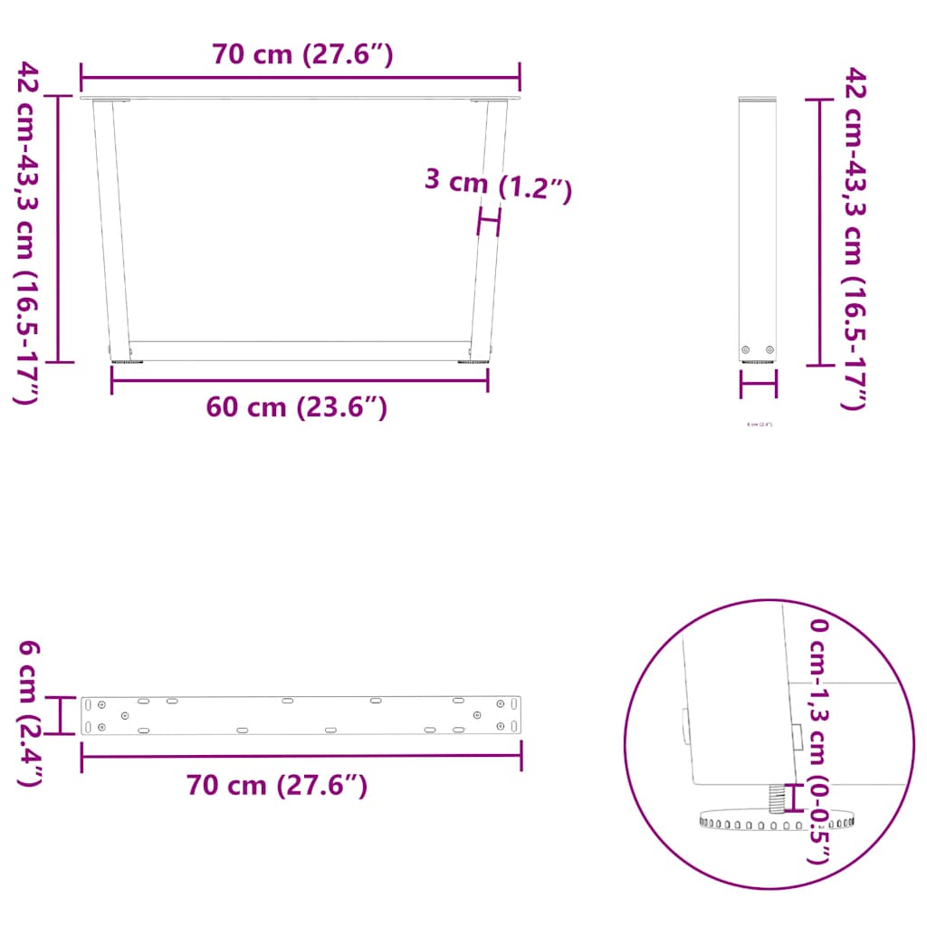sofabordsben V-formet 2 stk. naturstål 70 x (42-43,3) cm stål