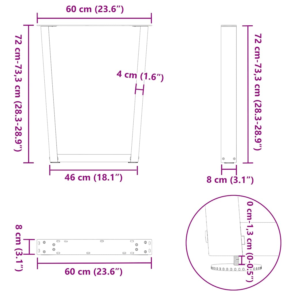 spisebordsben V-formet 2 stk. antracit 60 x (72-73,3) cm stål