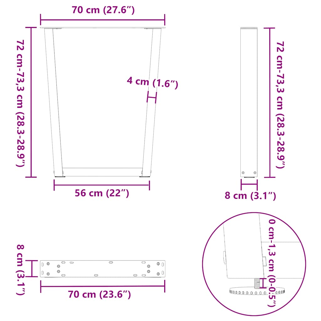 spisebordsben V-formet 2 stk. sort 70 x (72-73,3) cm stål