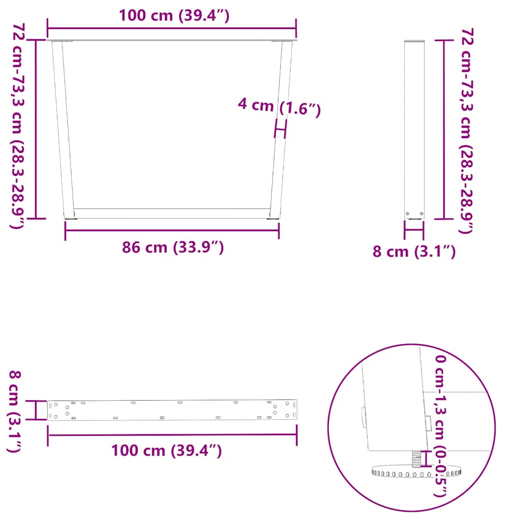 spisebordsben V-formet 2 stk. naturstål 100x(72-73,3) cm stål