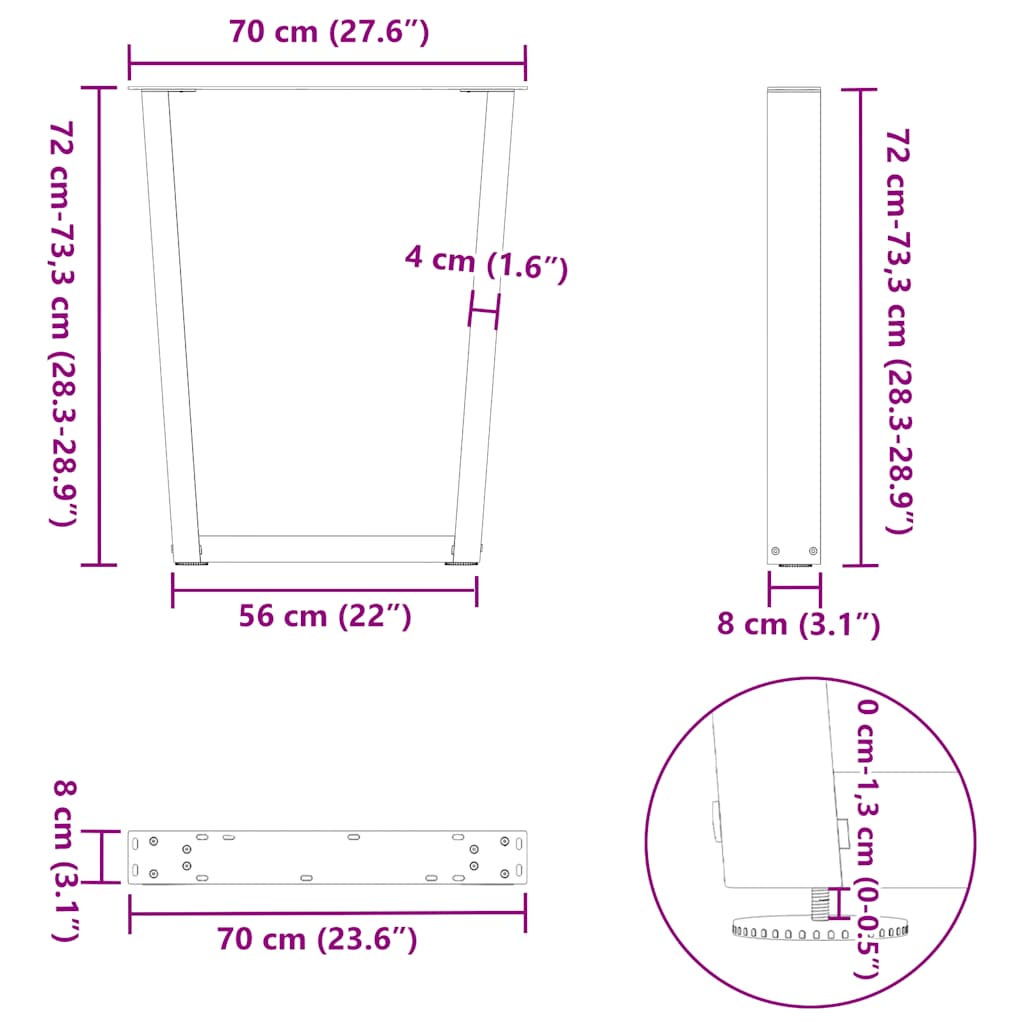 spisebordsben V-formet 3 stk. sort 70 x (72-73,3) cm stål