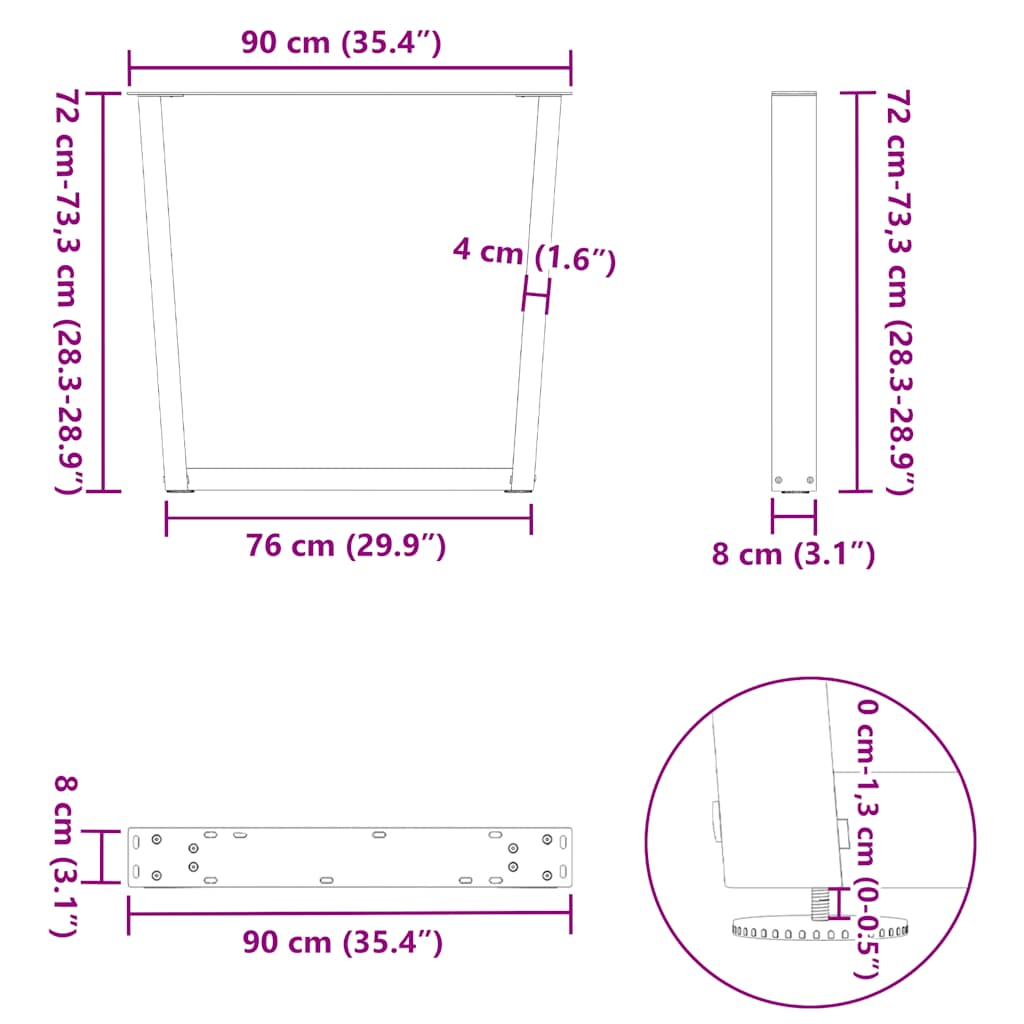 spisebordsben V-formet 3 stk. hvid 90 x (72-73,3) cm stål