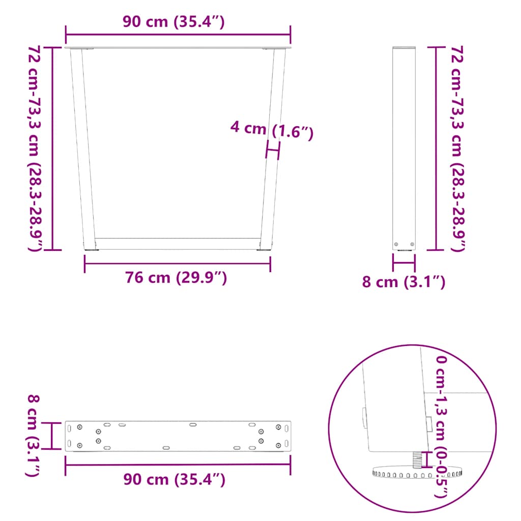 spisebordsben V-formet 3 stk. naturstål 90 x (72-73,3) cm stål