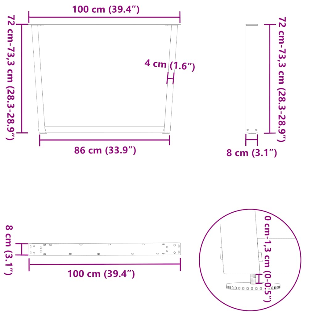 spisebordben V-formet 3 stk. naturstål 100x(72-73,3) cm stål
