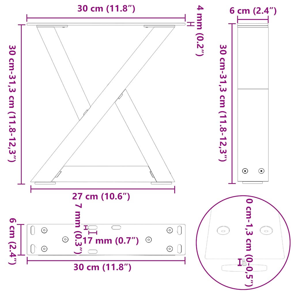 sofabordsben 2 stk. antracit 30x(30-31,3) cm stål