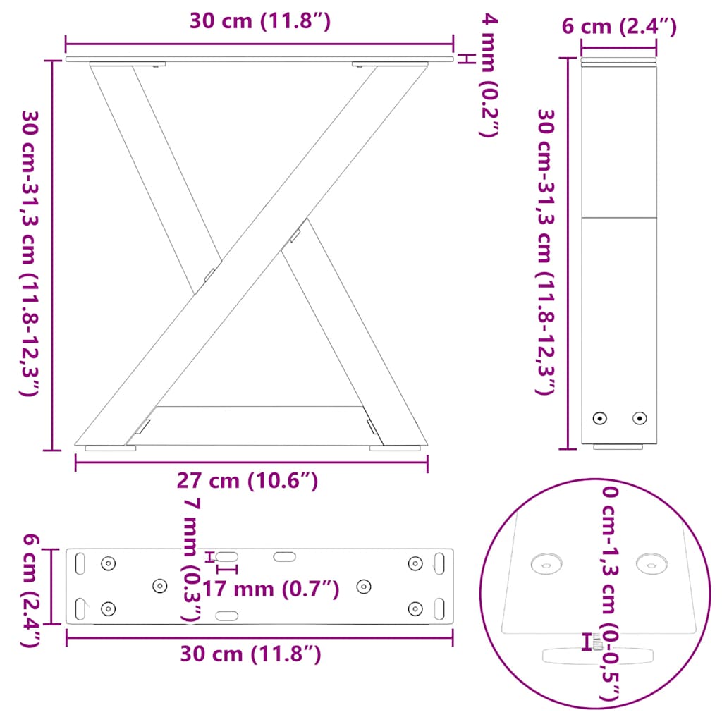 sofabordsben 2 stk. naturstål 30x(30-31,3) cm stål