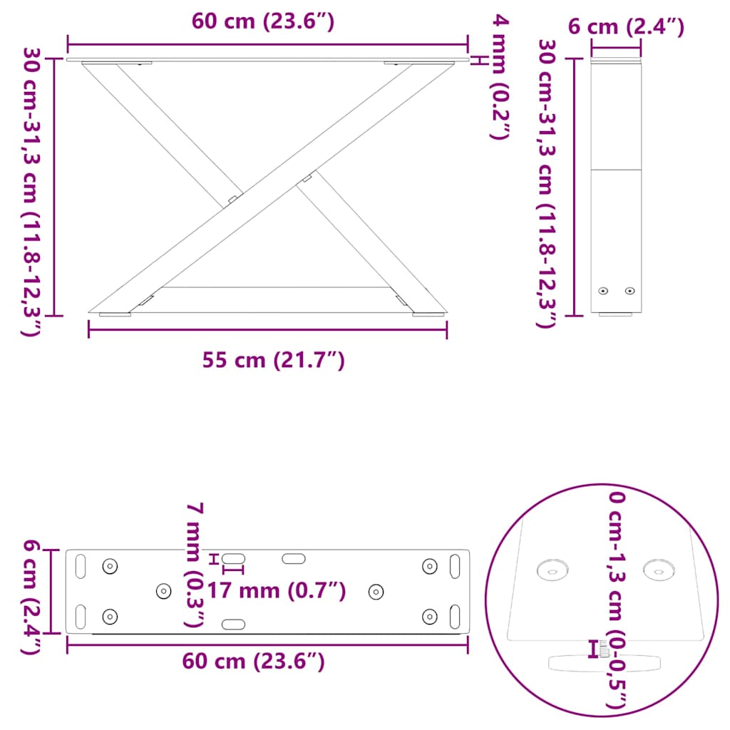 sofabordsben 2 stk. naturstål 60 x (30-31,3) cm stål