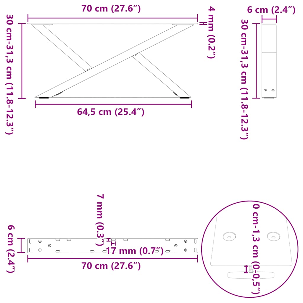 sofabordsben 2 stk. naturstål 70 x (30-31,3) cm stål