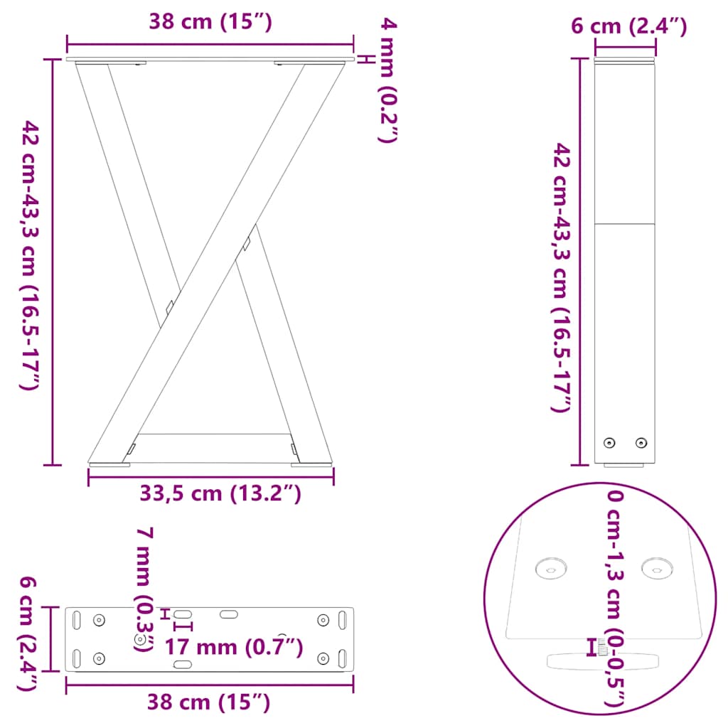 sofabordsben 2 stk. naturstål 38 x (42-43,3) cm stål