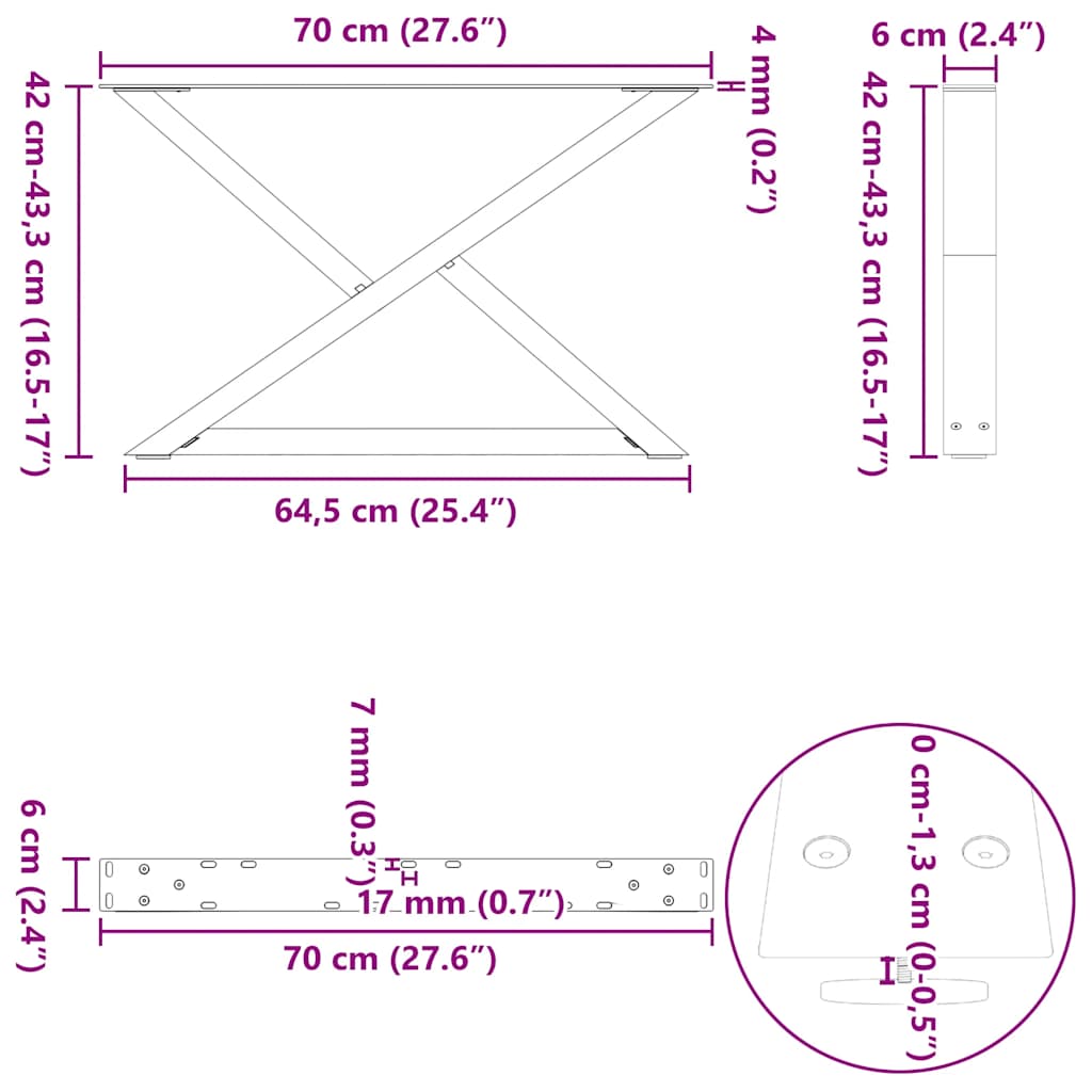 sofabordsben 2 stk. hvid 70 x (42-43,3) cm stål