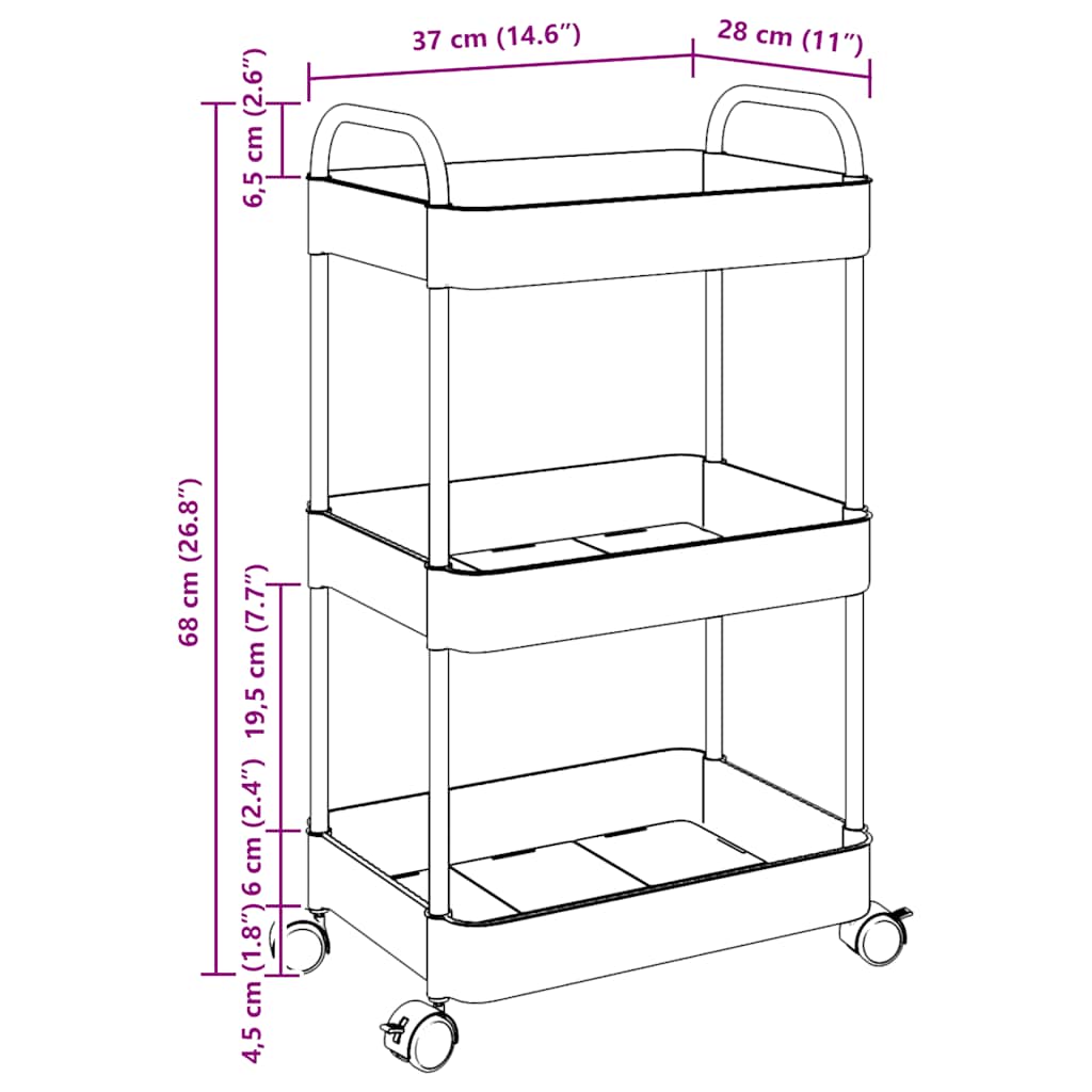 opbevaringsvogn i 3 niveauer transparent 37x28x68 cm akryl