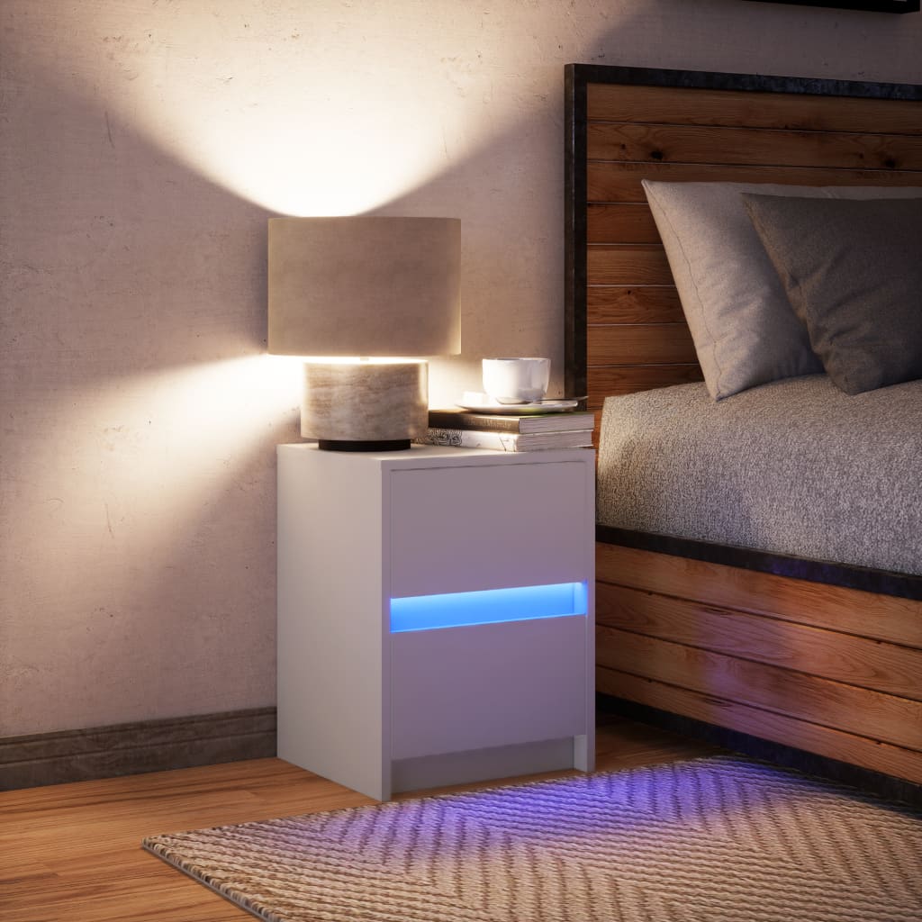 sengebord med LED-lys konstrueret træ hvid