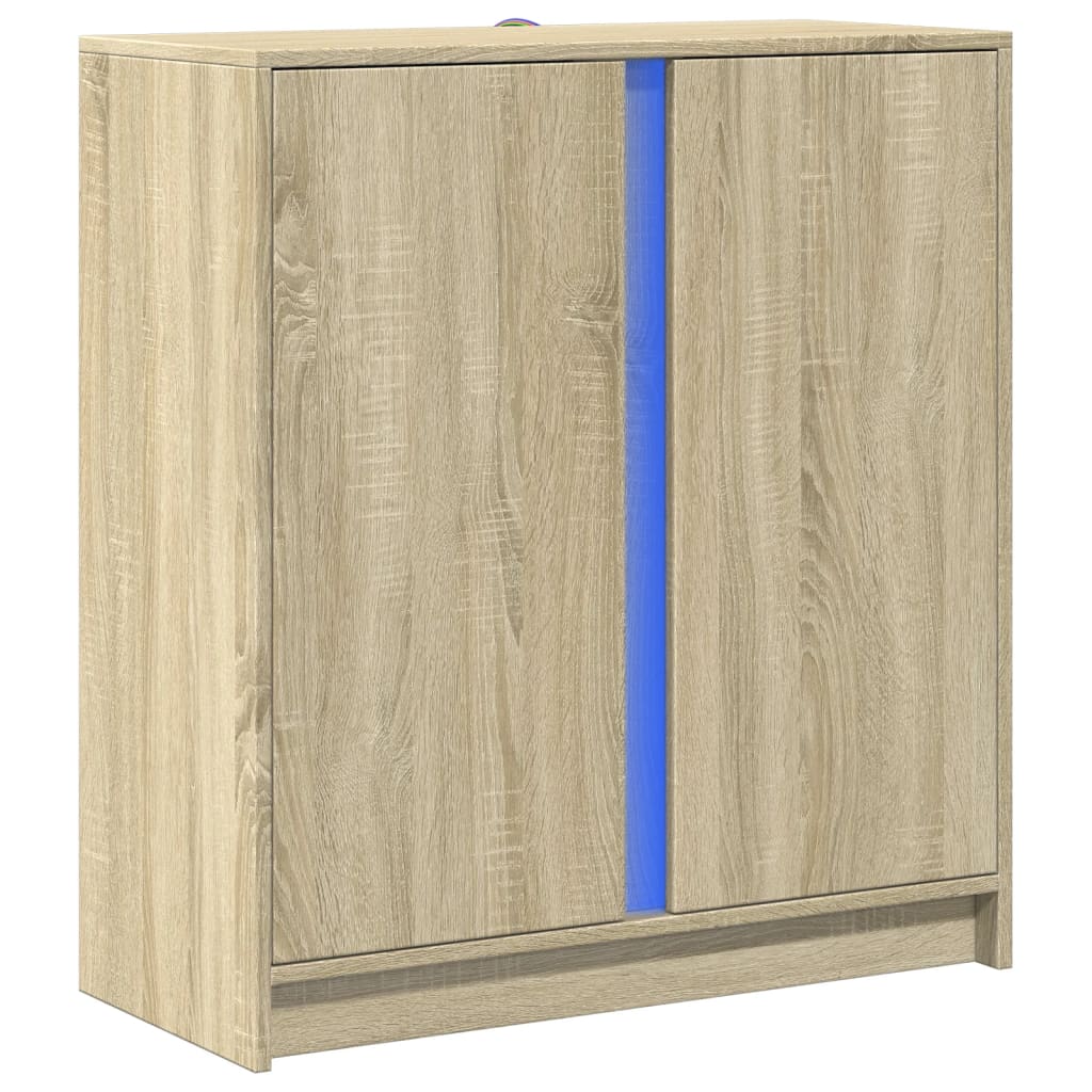 skab med LED-lys 77x34x85 cm konstrueret træ røget egetræsfarve