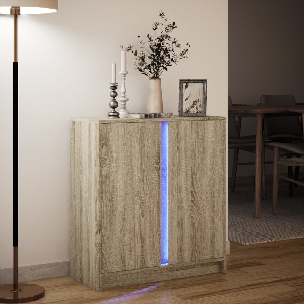 skab med LED-lys 77x34x85 cm konstrueret træ røget egetræsfarve