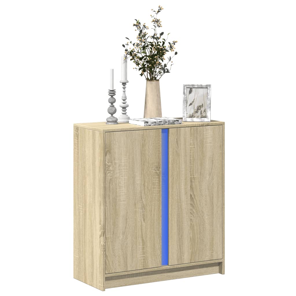 skab med LED-lys 77x34x85 cm konstrueret træ røget egetræsfarve