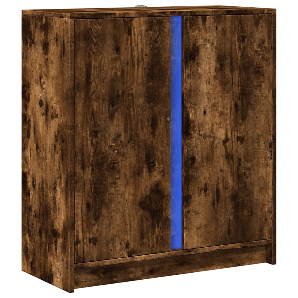 skab med LED-lys 77x34x85 cm konstrueret træ røget egetræsfarve
