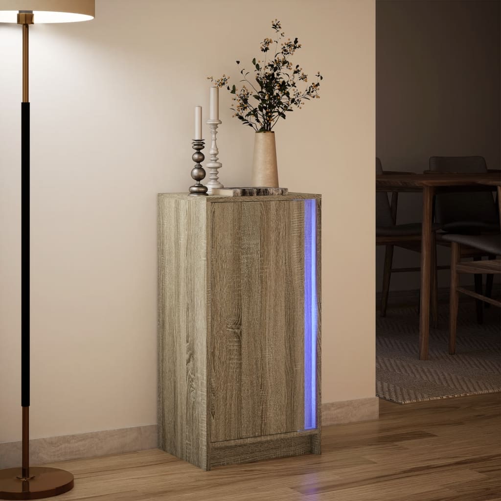skab med LED-lys 42,5x34x85 cm konstrueret træ røget eg