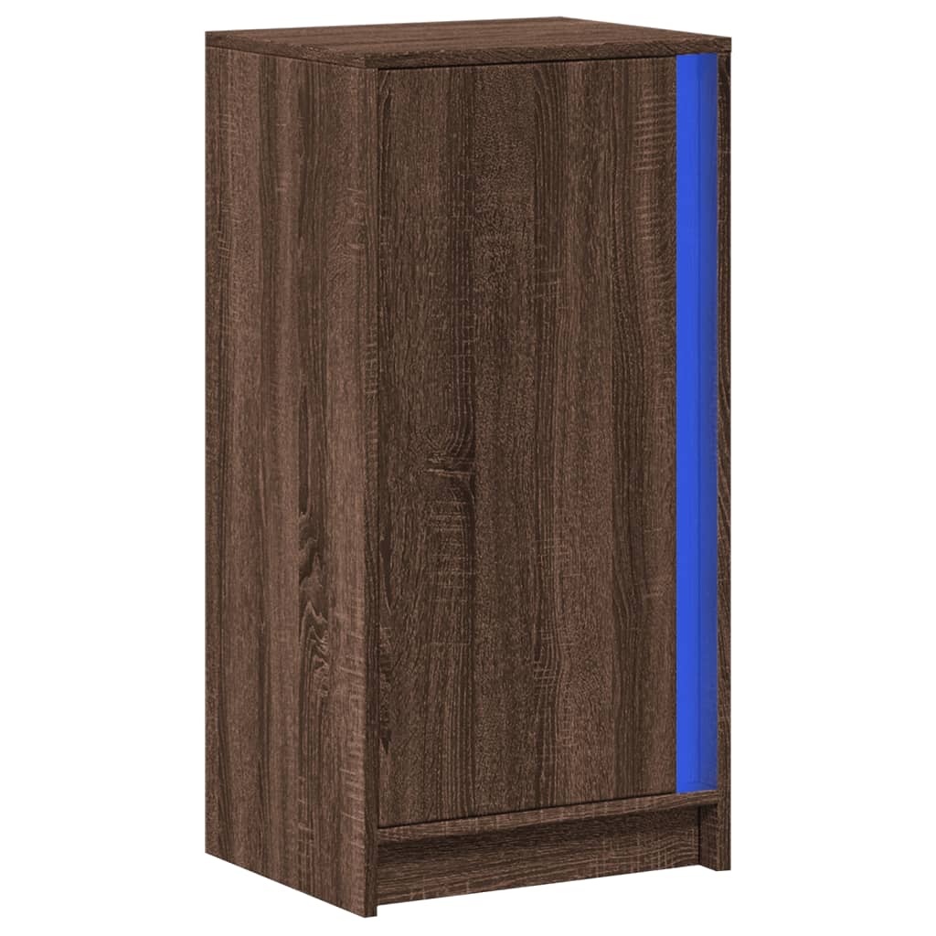 skab med LED-lys 42,5x34x85cm konstrueret træ brun egetræsfarve