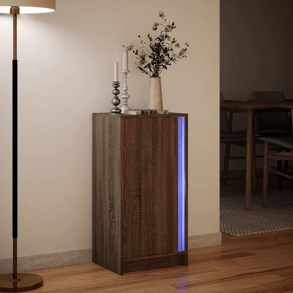 skab med LED-lys 42,5x34x85cm konstrueret træ brun egetræsfarve