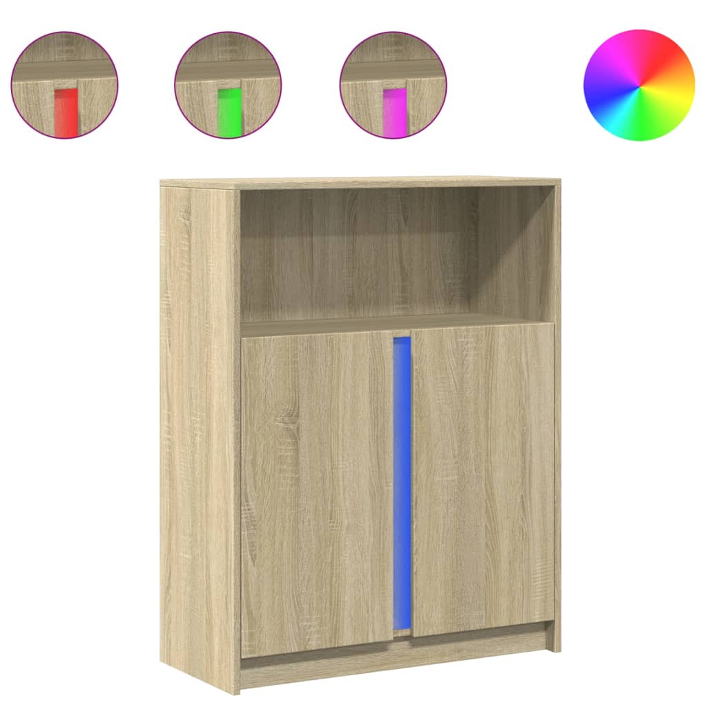 skab med LED 77x34x100 cm konstrueret træ sonoma-eg