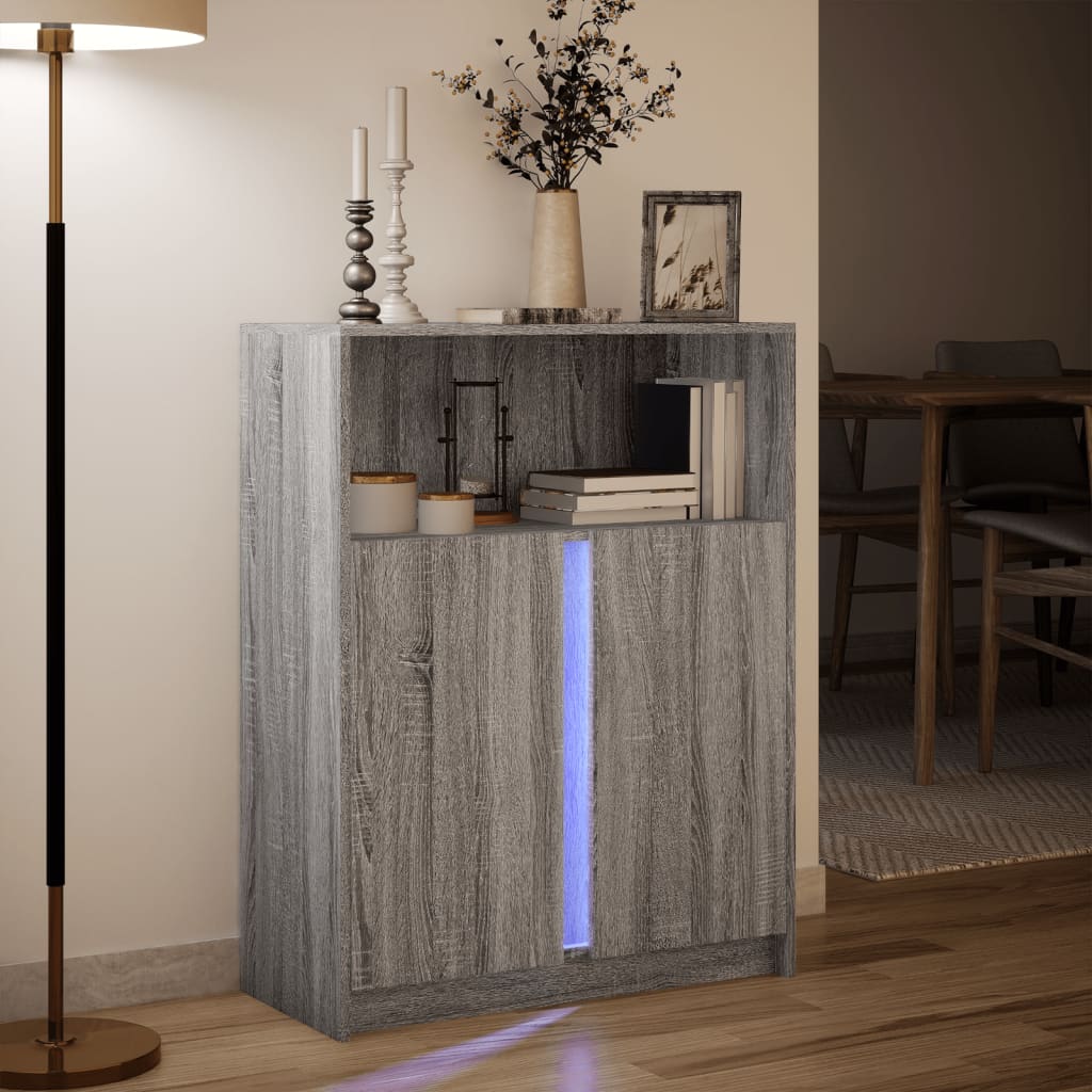skab med LED-lys 77x34x100 cm konstrueret træ grå sonoma-eg