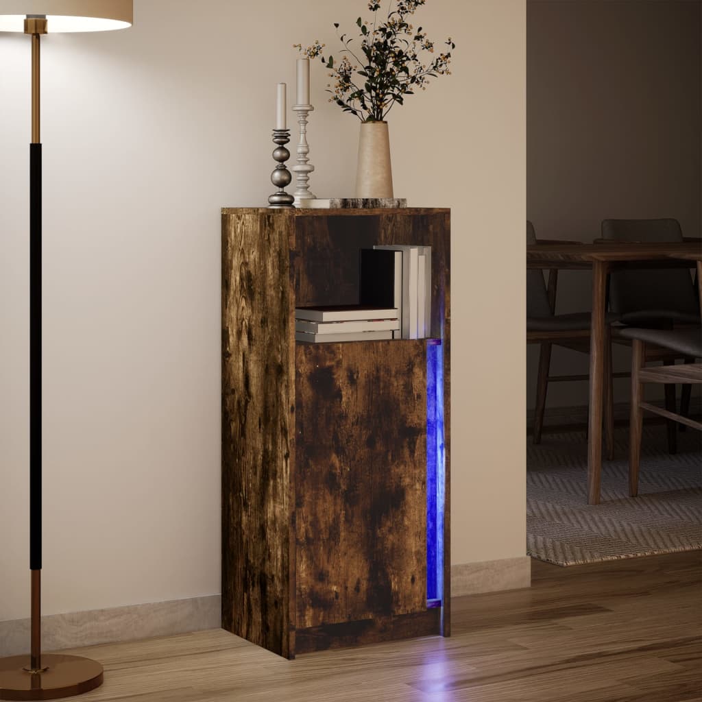skab med LED-lys 42,5x34x100 cm konstrueret træ røget eg