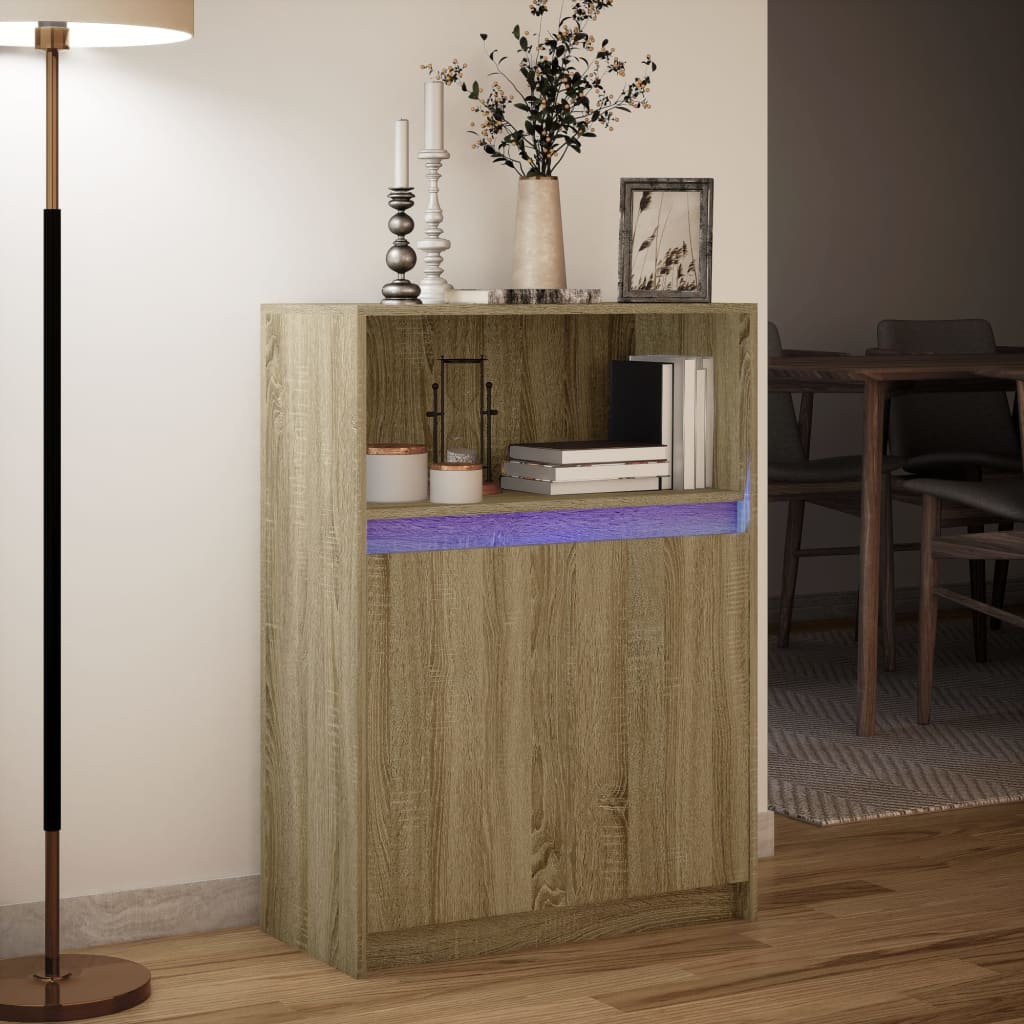 skab med LED 72x34x100 cm konstrueret træ røget egetræsfarve