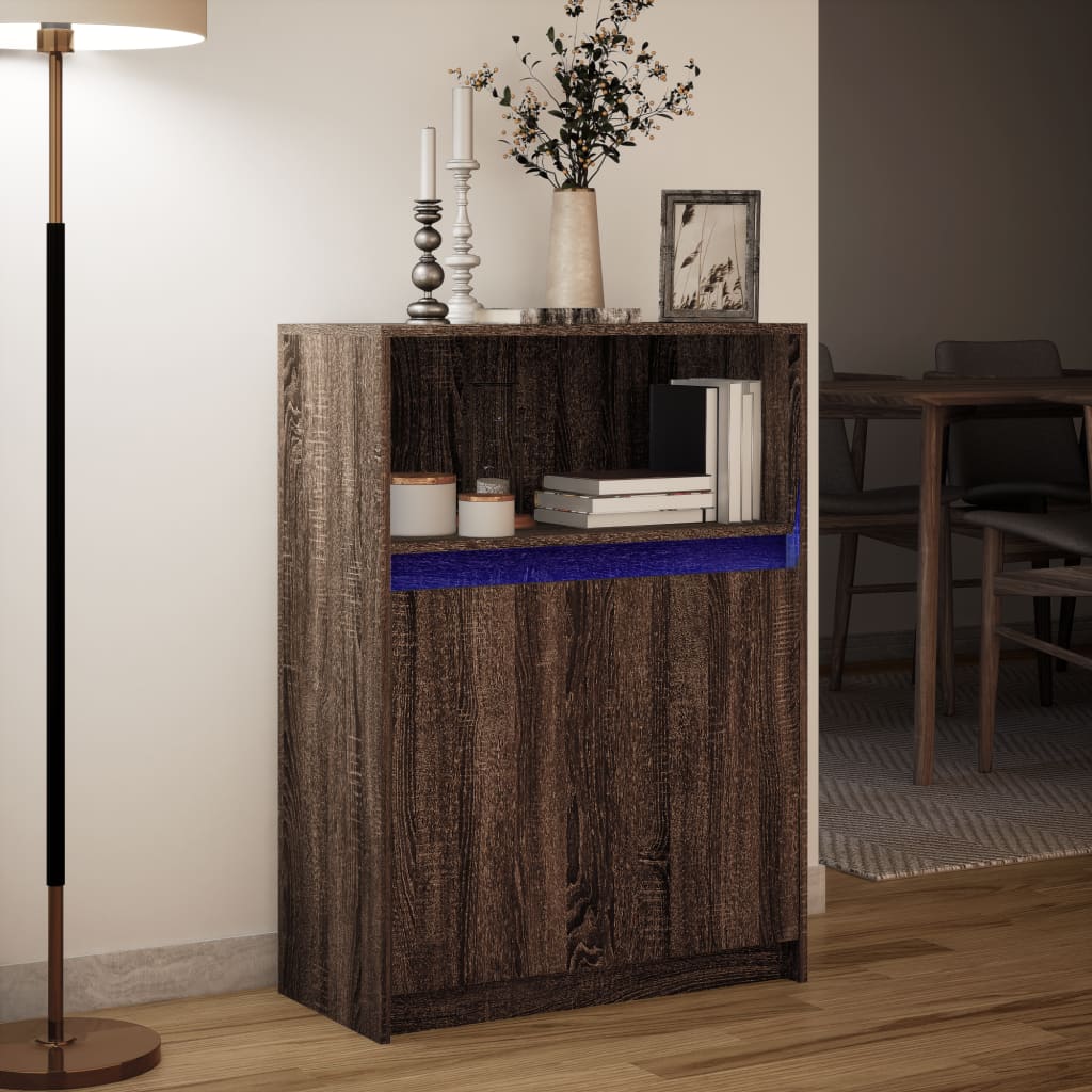 reol med LED 72x34x100 cm konstrueret træ brun egetræ