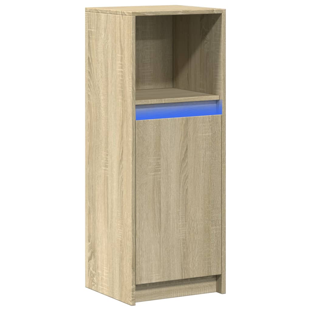 skab med LED-lys 38x34x100 cm konstrueret træ røget eg