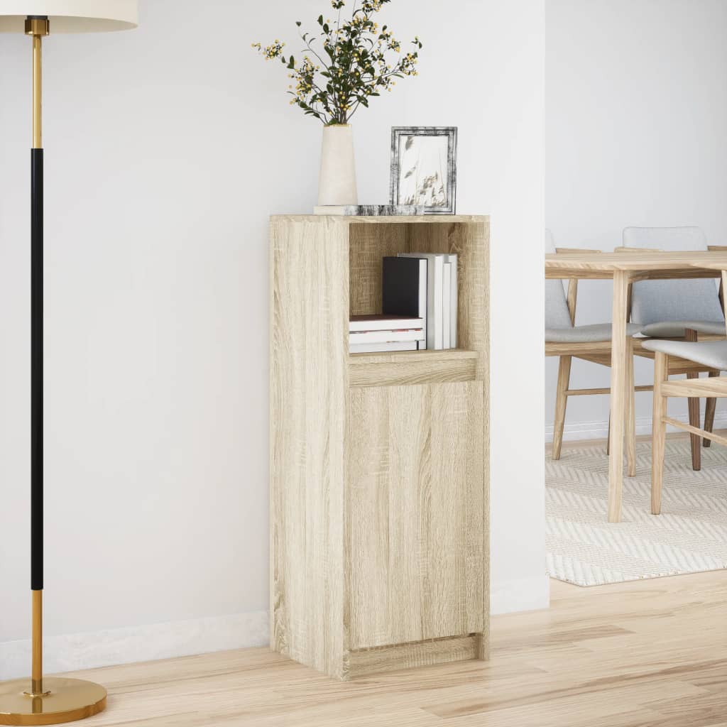 skab med LED-lys 38x34x100 cm konstrueret træ røget eg