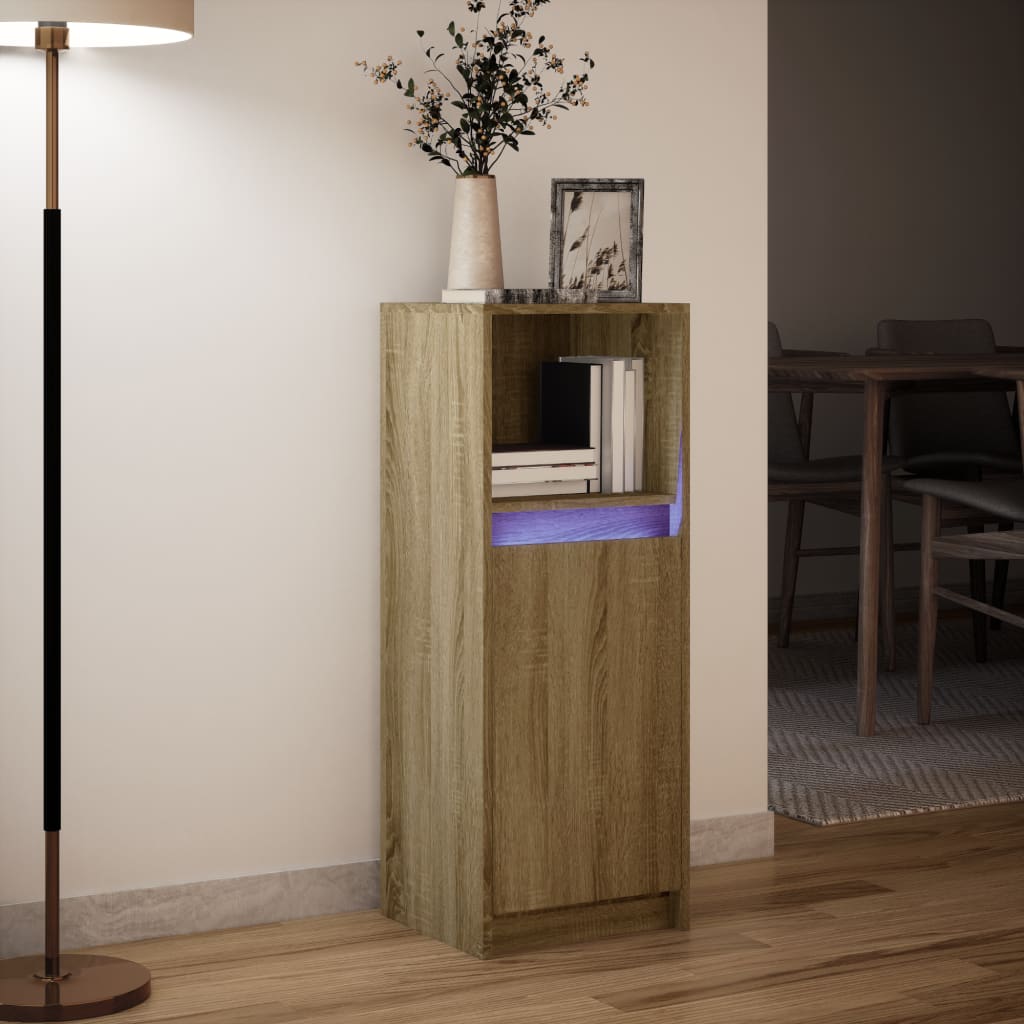 skab med LED-lys 38x34x100 cm konstrueret træ røget eg